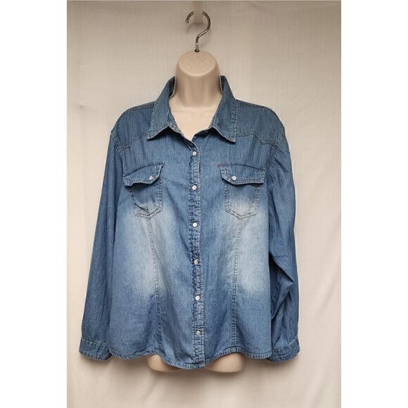 New Look Blue Denim Collared Roll-Tab Long Sleeve Button Down Blouse Size 3XL - Picture 2 of 6